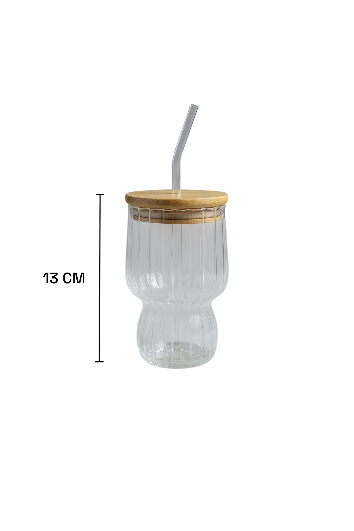 Çizgi Desenli Bambu Kapaklı Contalı Cam Pipetli Borosilikat Bardak KW-042