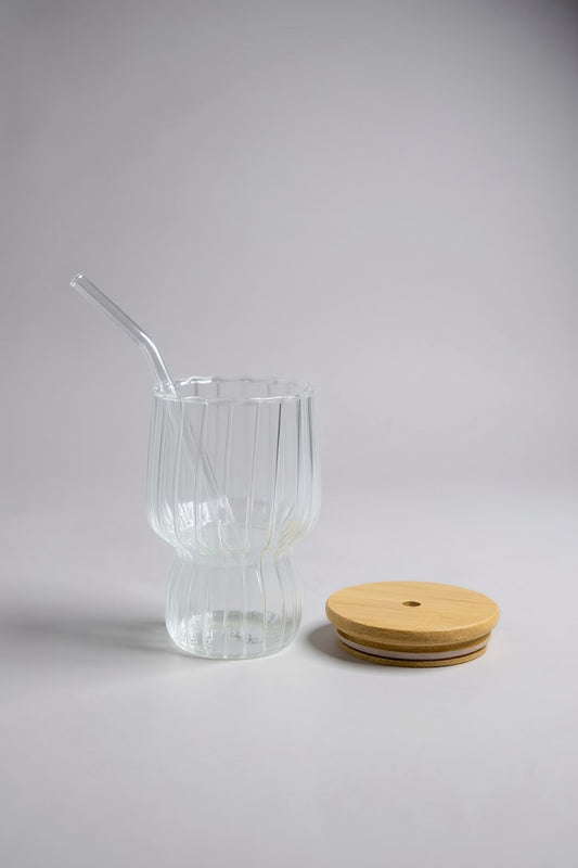 Çizgi Desenli Bambu Kapaklı Contalı Cam Pipetli Borosilikat Bardak KW-042