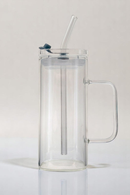 Kare Uzun Pipetli Contalı Kulplu Cam Kupa KW-052