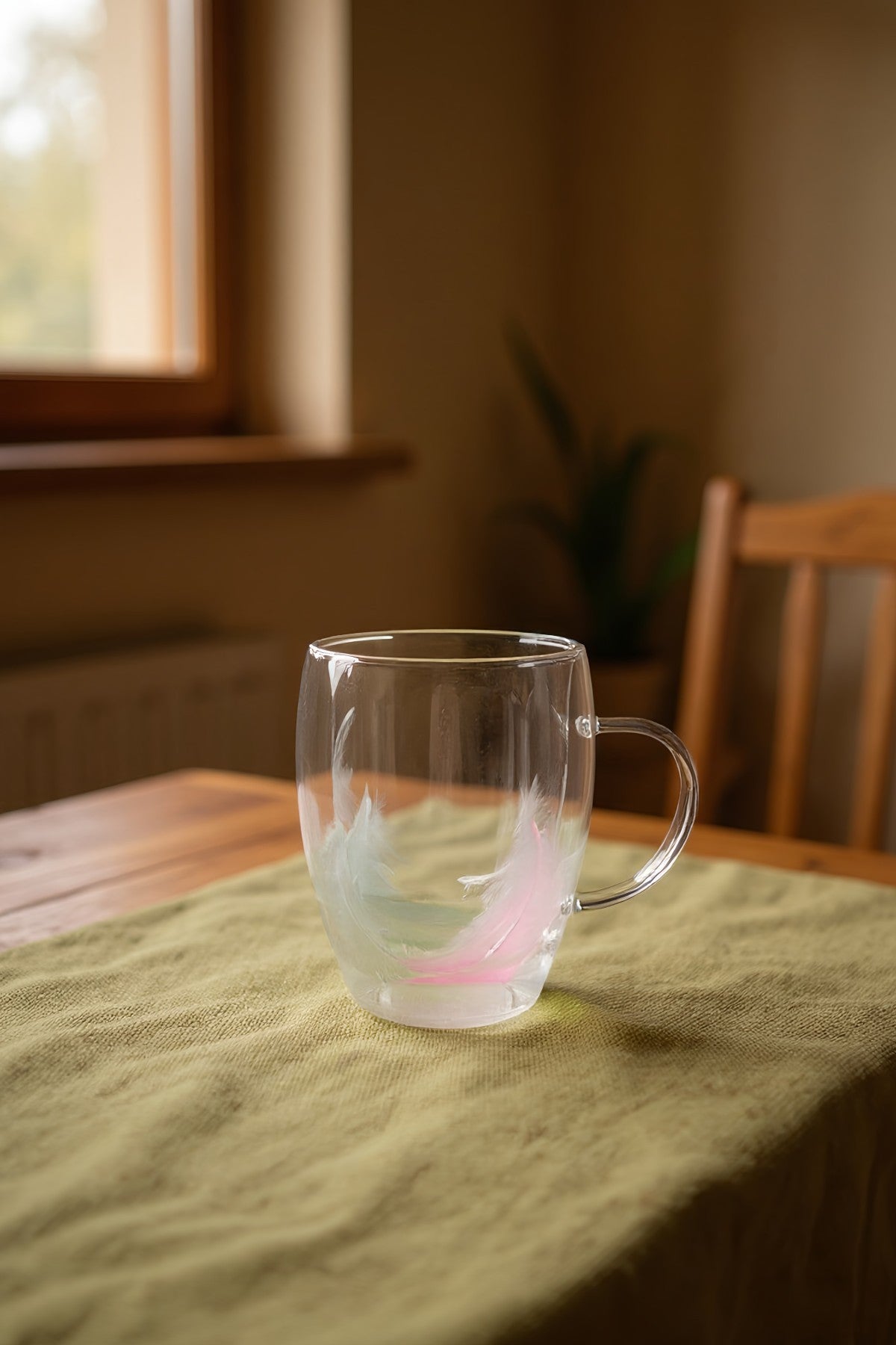 Çift Cidarlı Borosilikat 350ML Tüy Figürlü Bardak Kupa KW-381D