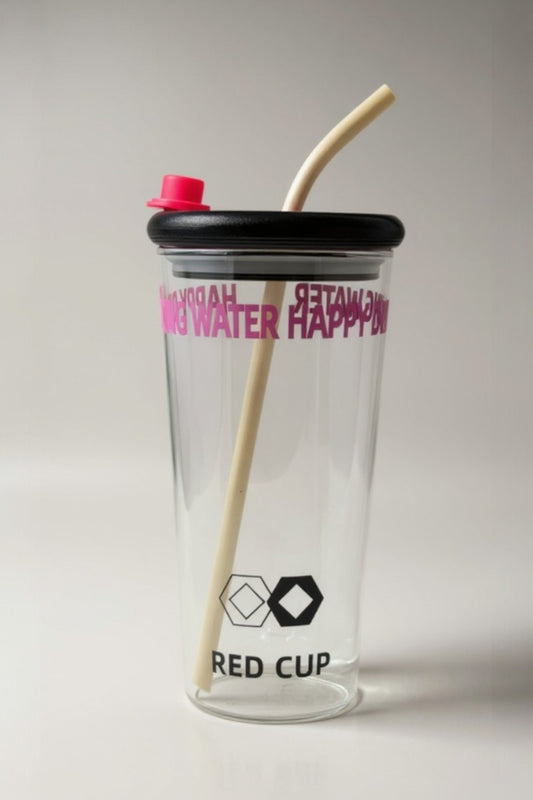 Red Cup Pipetli Kapaklı Borosilikat Cam Matara KW-882