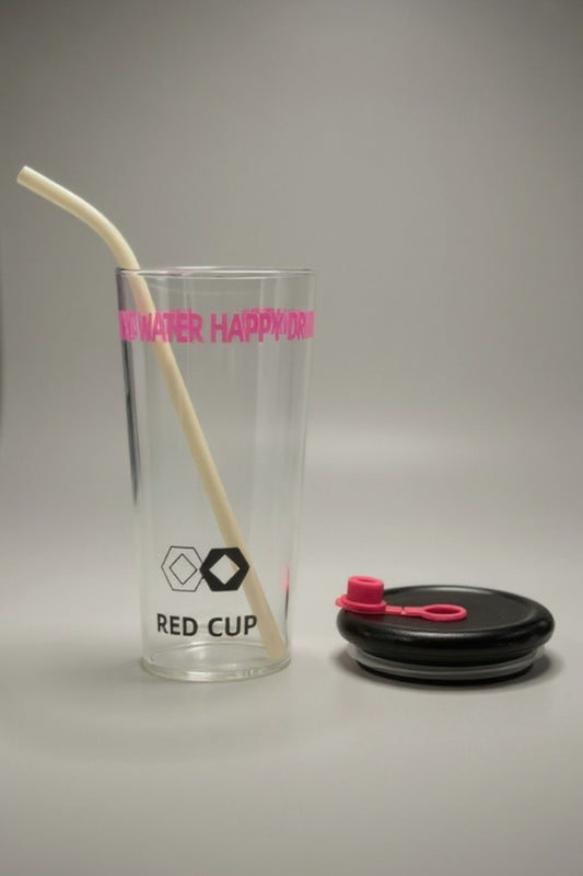 Red Cup Pipetli Kapaklı Borosilikat Cam Matara KW-882