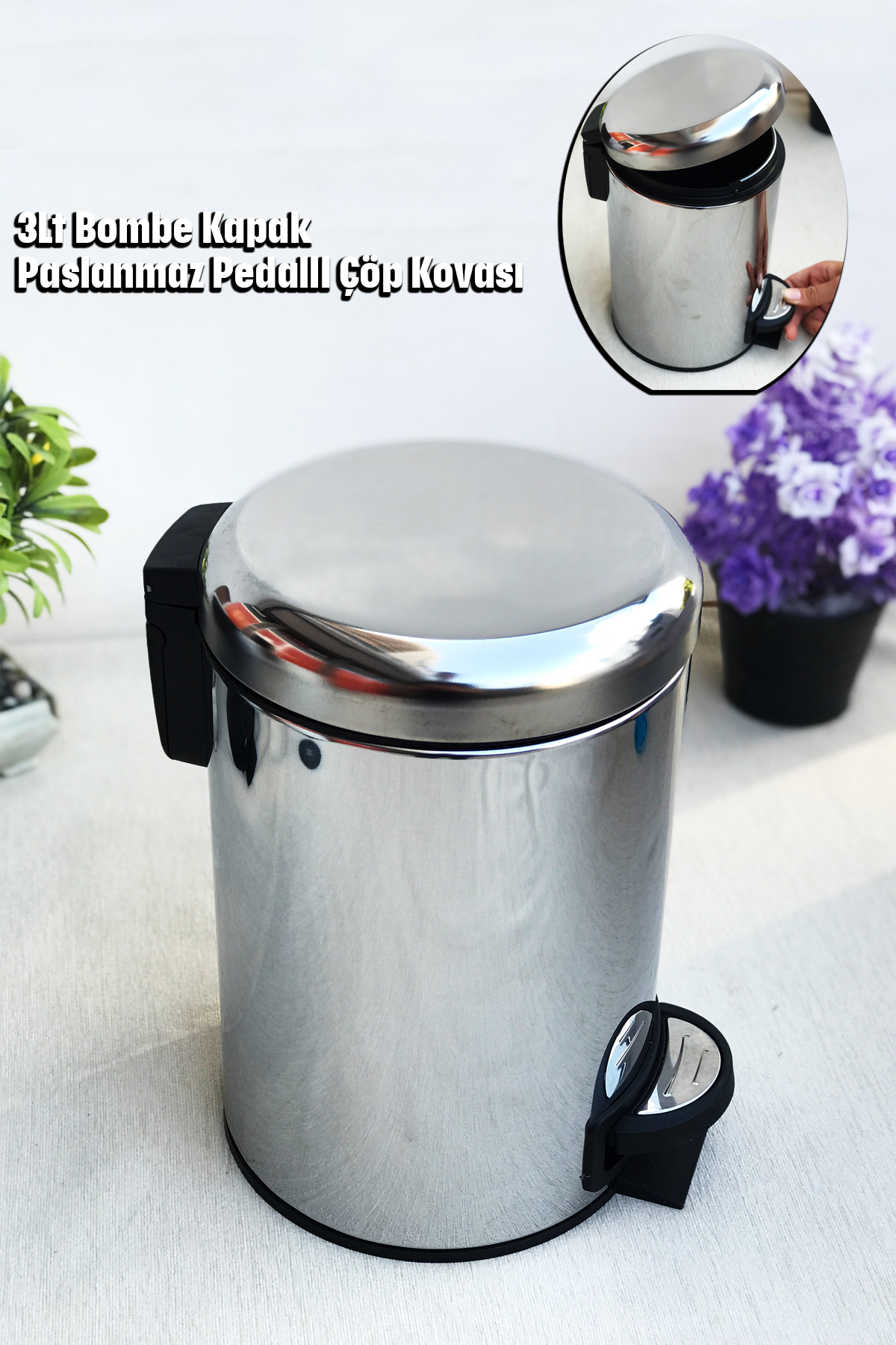 Elit 3Lt Bombe Kapak Paslanmaz Pedallı Çöp Kovası FMA07287