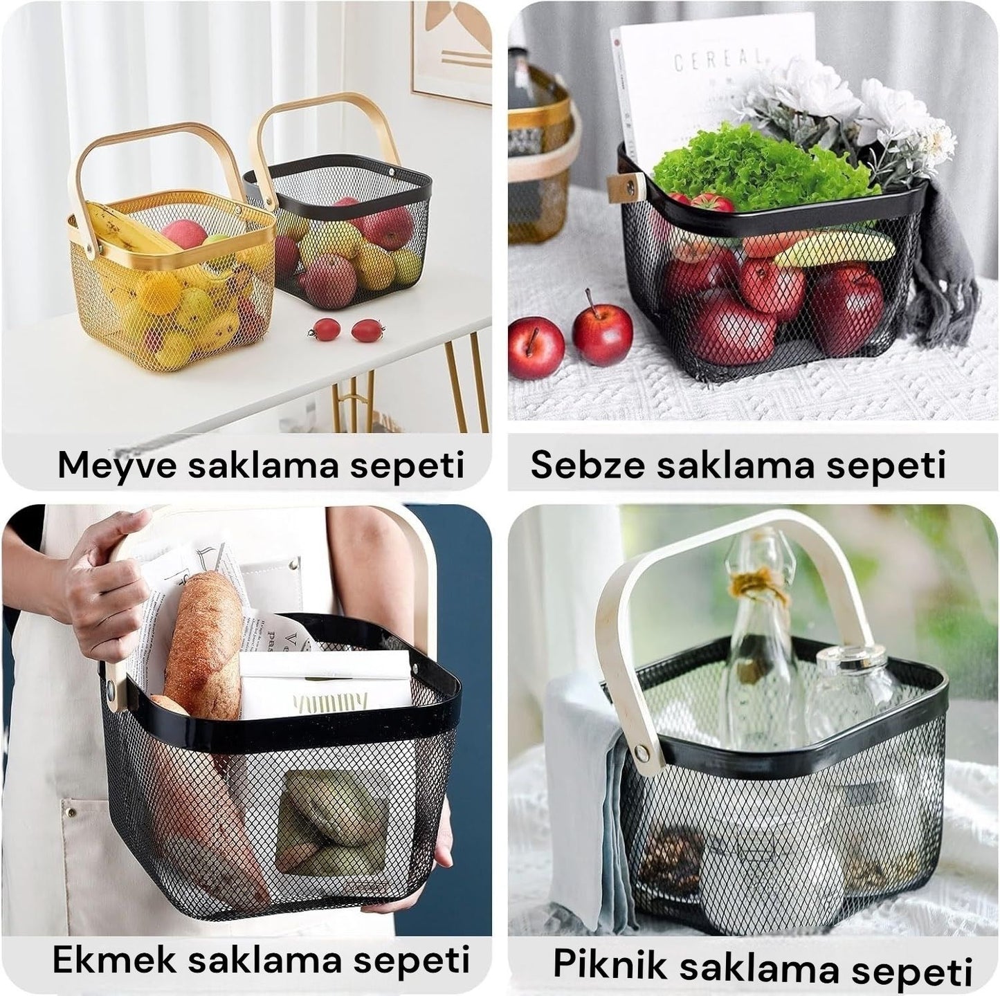 Siyah Metal Bambu Saplı Çok Amaçlı Sepeti SHN-1097