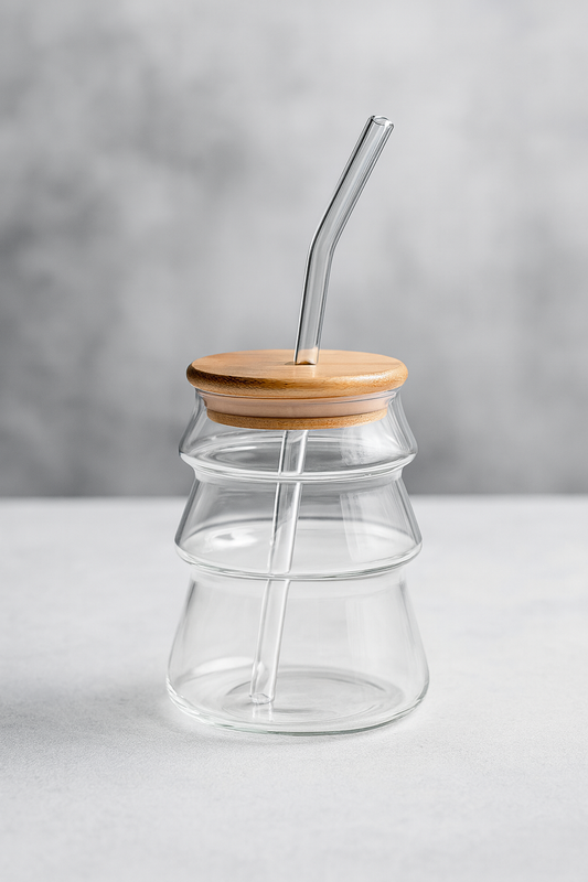 Bambu Kapaklı Borosilikat Cam Bardak KW-1067