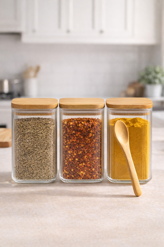 Kitchen Way Bambu Kapaklı Kaşıklı Contalı 3'lü Kavanoz Seti KW-373A