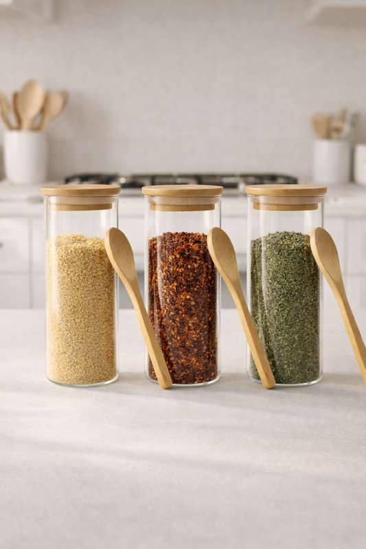 Kitchen Way Bambu Kapaklı Kulplu Kaşıklı 400ML Contalı 3'lü Kavanoz Seti KW-372C