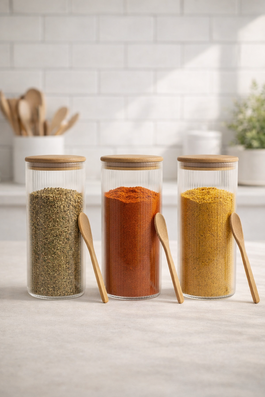 Bambu Kaşıklı Borosilikat 1500ML Çizgi Desenli Yuvarlak 3'lü Cam Kavanoz Seti KW-372F