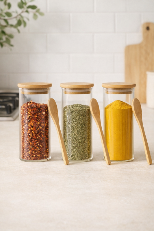 Bambu Kaşıklı Kulplu Borosilikat 400ML Çizgi Desenli Kare 3'lü Kavanoz Seti KW-373F