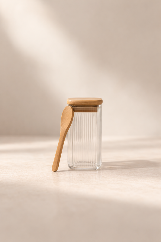 Bambu Kapaklı Kaşıklı Kulplu Contalı 3'lü Kavanoz Seti 300ML KW-373E