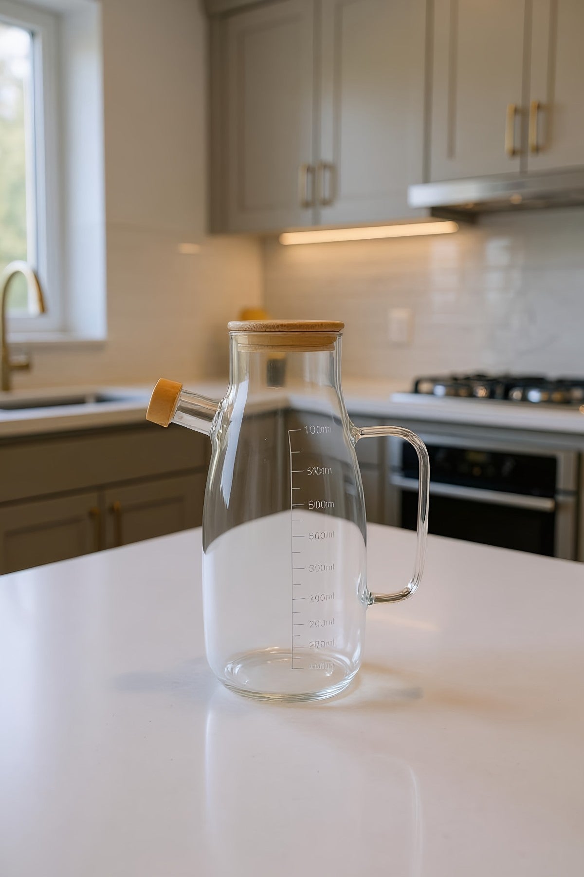 Bambu Kapaklı 1000ML Cam Yağdanlık KW-719