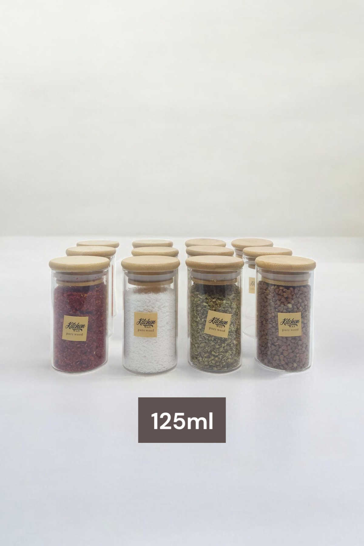 12 Li Bambu Kapaklı Cam Baharatlık Seti 5x8CM KW-374