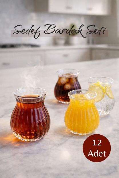 12’li 200 ML Borosilikat Çizgi Desenli Cam Sedef Bardak Seti Isıya Dayanıklı Şeffaf KW-720