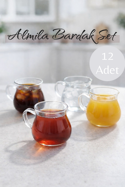 12’li 200 ML Borosilikat Kulplu Cam Almila Bardak Seti Isıya Dayanıklı Şeffaf KW-731