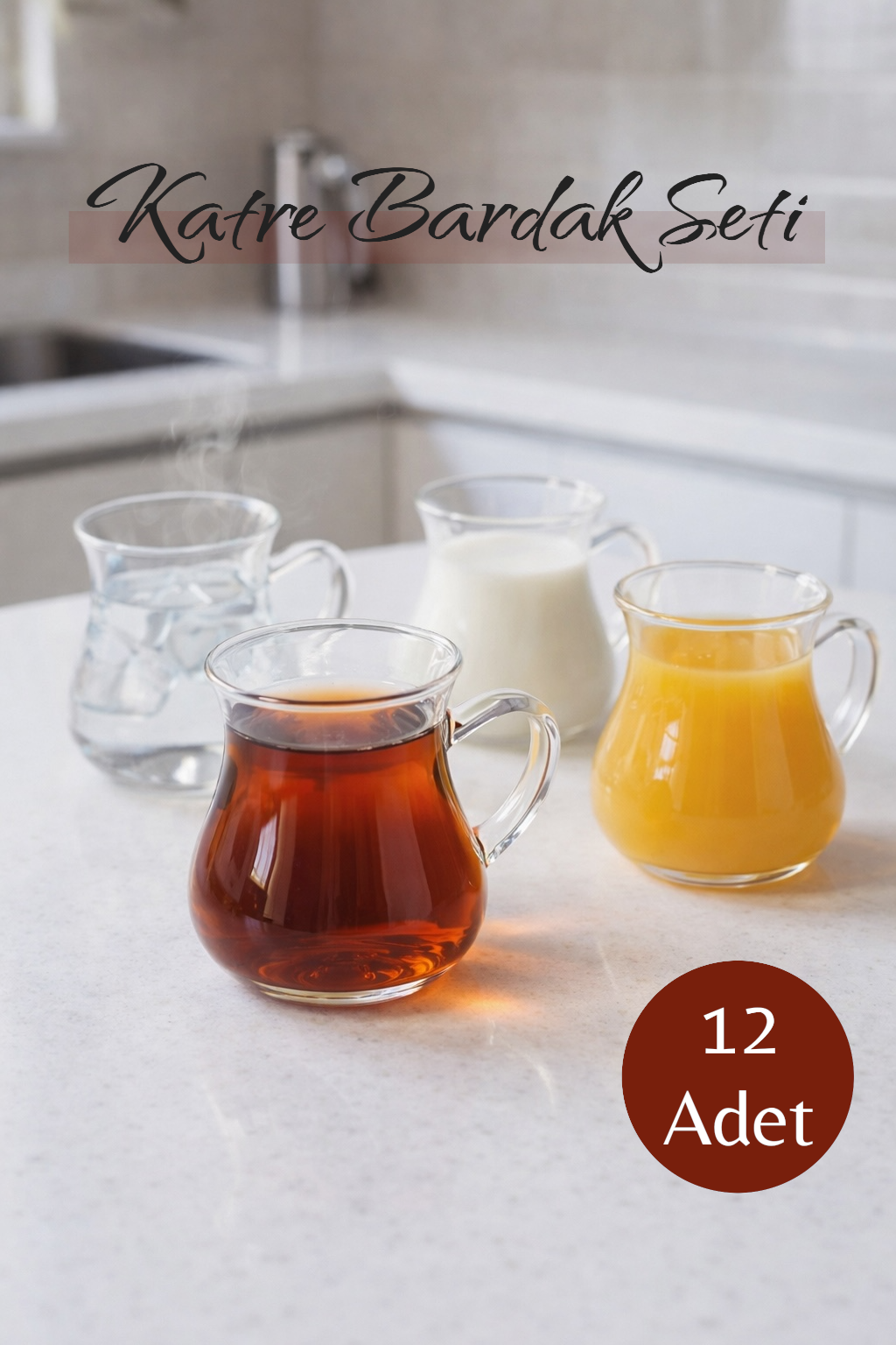 12’li 200 ML Borosilikat Kulplu Cam Katre Bardak Seti Isıya Dayanıklı Şeffaf KW-732