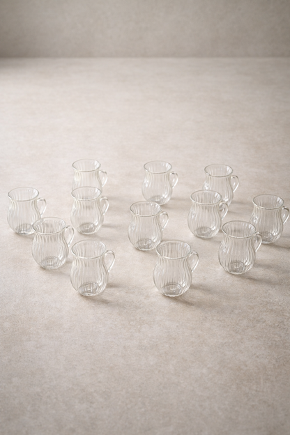 12’li 200 ML Borosilikat Kulplu Çizgi Desenli Diamond Cam Bardak Seti Isıya Dayanıklı Şeffaf KW-728