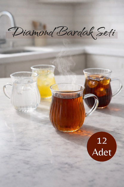 12’li 200 ML Borosilikat Kulplu Çizgi Desenli Diamond Cam Bardak Seti Isıya Dayanıklı Şeffaf KW-728