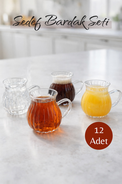 12’li 200 ML Borosilikat Kulplu Çizgi Desenli Cam Sedef Bardak Seti Isıya Dayanıklı Şeffaf KW-727