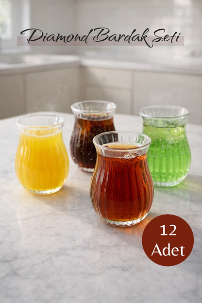 12’li 200 ML Borosilikat Çizgi Desenli Cam Diamond Bardak Seti Isıya Dayanıklı Şeffaf KW-721
