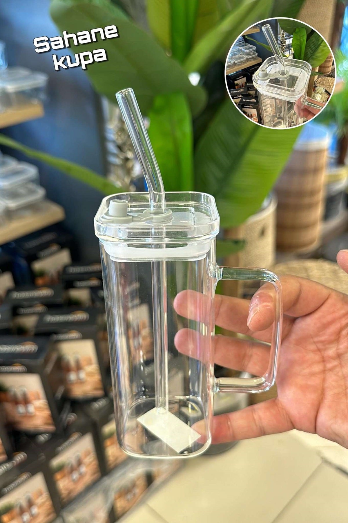 Kare Uzun Pipetli Contalı Kulplu Cam Kupa KW-052