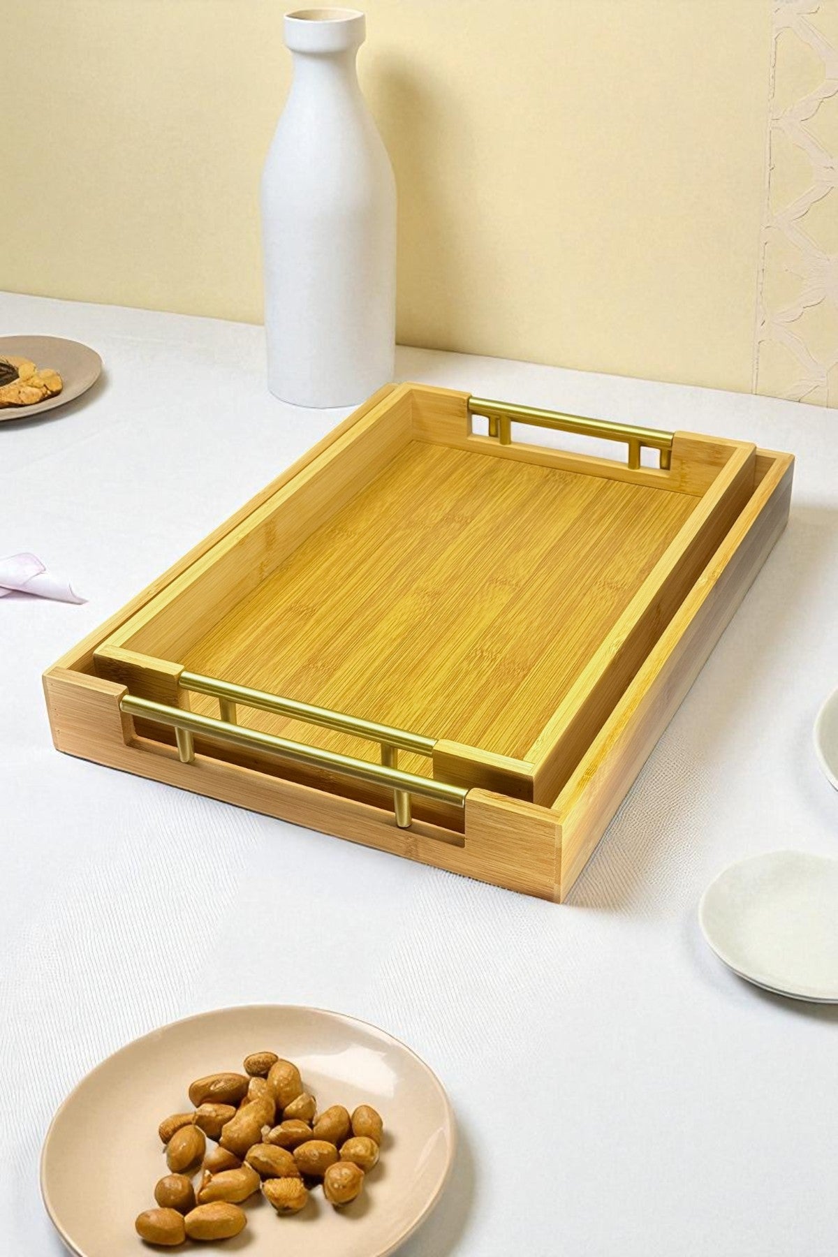2Li Gold Kulplu Bambu Tepsi Seti KW-971