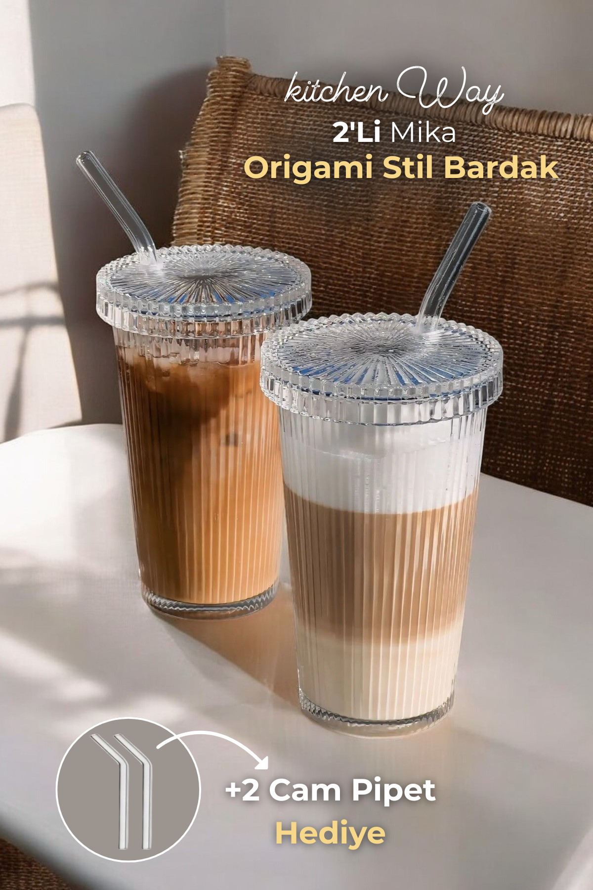 Origami Stil Mika (Cam Değil) 2 Li Isıya Dayanıklı Kapaklı Sunumluk Meşrubat Bardağı Cam Pipet Hediyeli FMA171069
