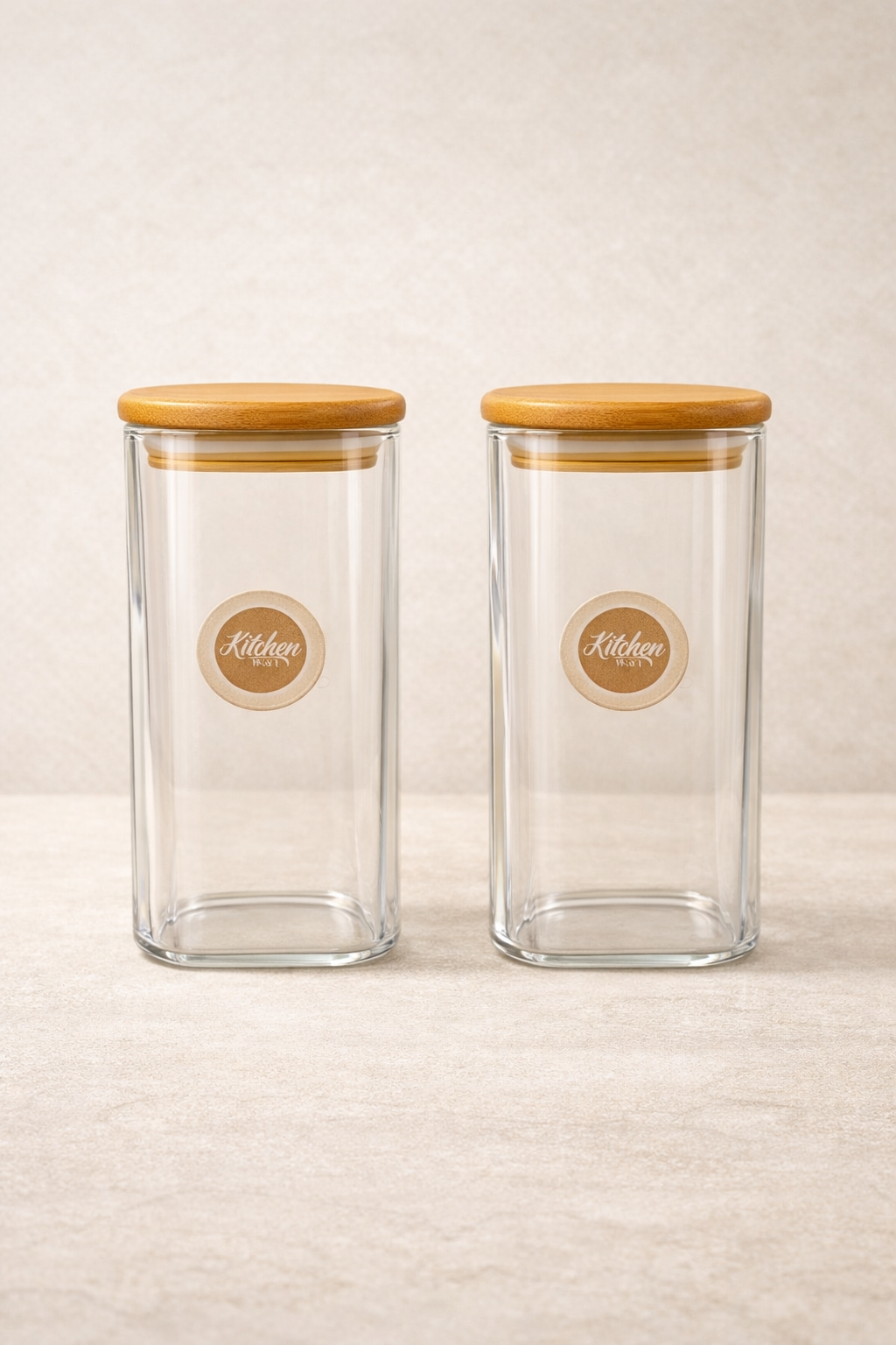 Bambu Kapaklı 2li Kare Cam Kavanoz Seti 400ML Gıda Saklama Kavanozu KW-1162