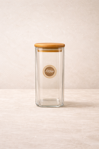 Bambu Kapaklı 2li Kare Cam Kavanoz Seti 400ML Gıda Saklama Kavanozu KW-1162