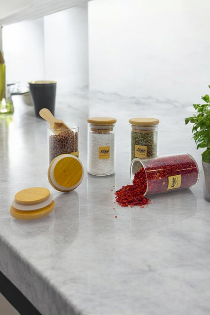 3 Lü Bambu Kapaklı Cam Baharatlık Seti 5x8CM KW-374