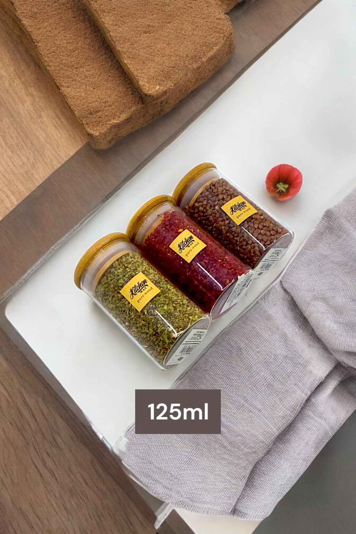 3 Lü Bambu Kapaklı Cam Baharatlık Seti 5x8CM KW-374