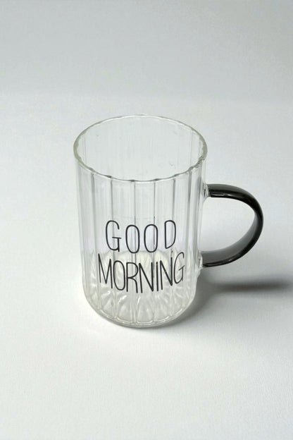 3 Lü Good Morning Çizgi Tasarımlı Borosilikat Cam Kupa Bardak Seti KW-706