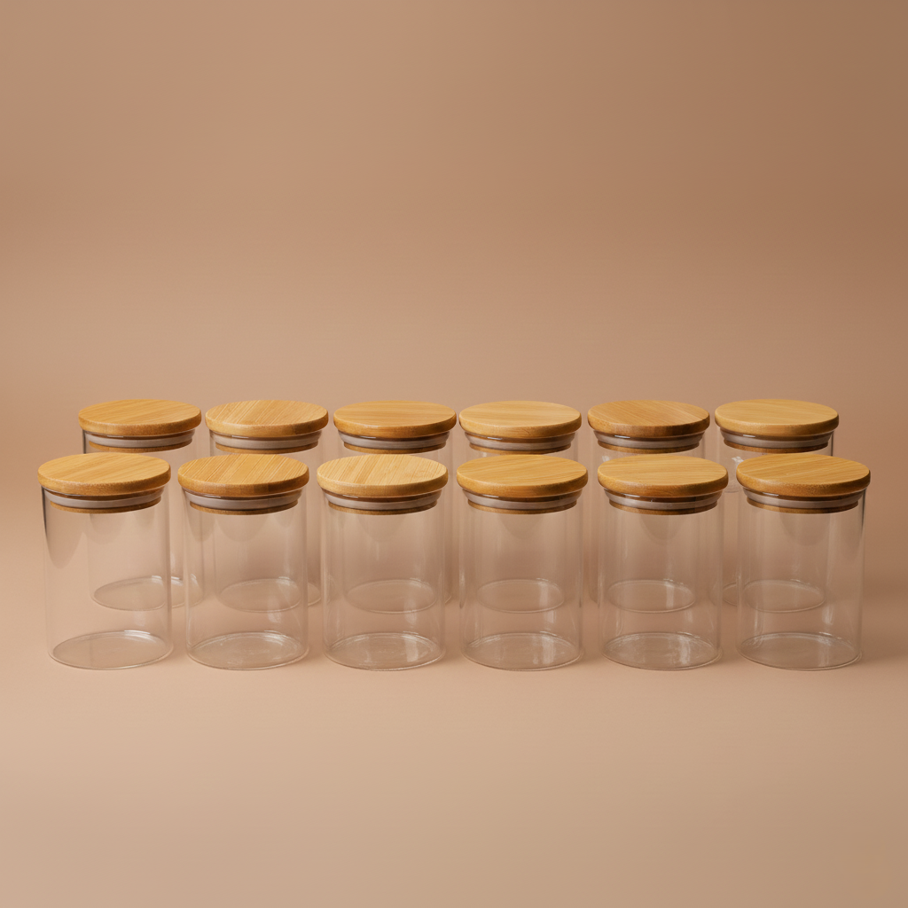 12 Li Bambu Kapaklı Cam Baharatlık Seti 5x8CM KW-374