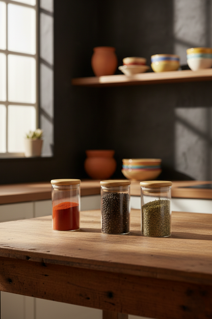 3 Lü Bambu Kapaklı Cam Baharatlık Seti 5x8CM KW-374