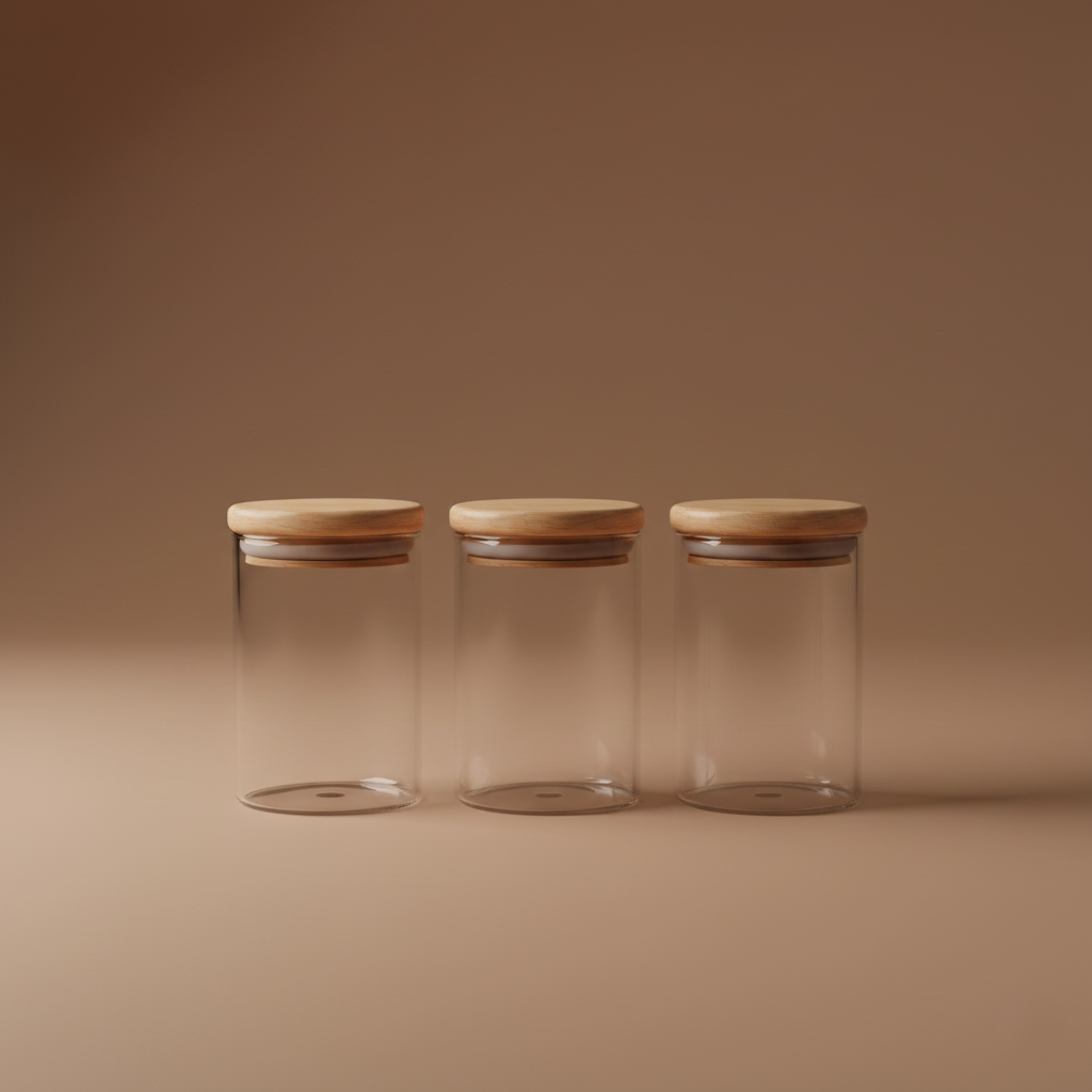 3 Lü Bambu Kapaklı Cam Baharatlık Seti 5x8CM KW-374