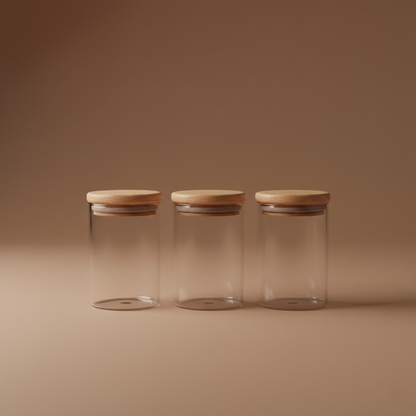3 Lü Bambu Kapaklı Cam Baharatlık Seti 5x8CM KW-374