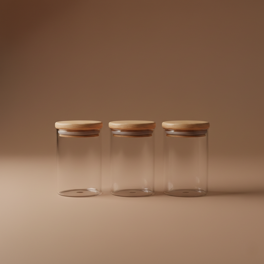 3 Lü Bambu Kapaklı Cam Baharatlık Seti 5x8CM KW-374