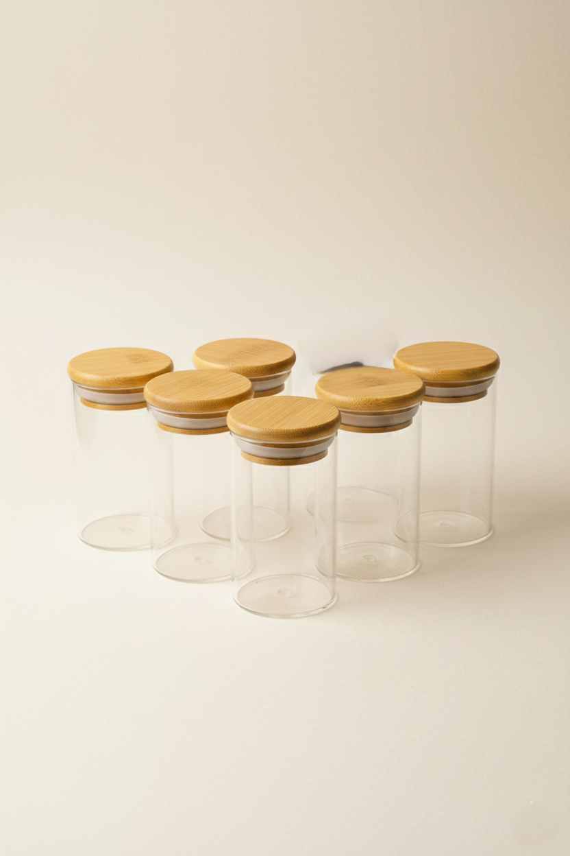 6 Li Bambu Kapaklı Cam Baharatlık Seti 5x8CM KW-374