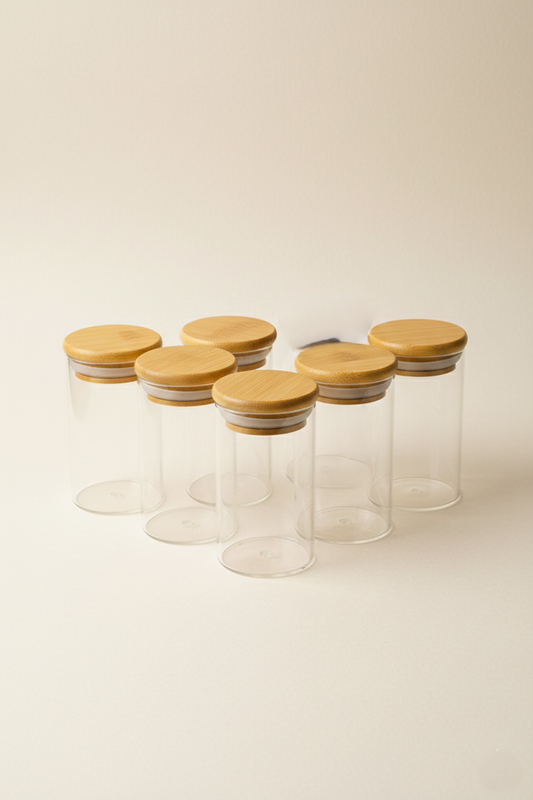 6 Li Bambu Kapaklı Cam Baharatlık Seti 5x8CM KW-374