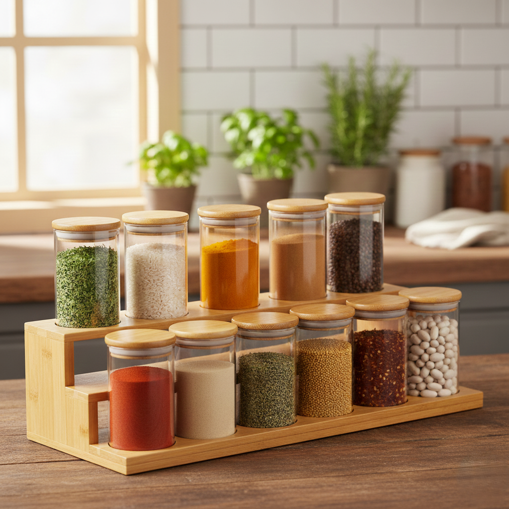 12 Li Bambu Kapaklı Cam Baharatlık Seti 5x8CM KW-374