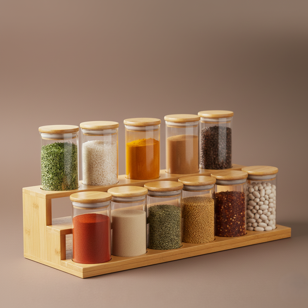12 Li Bambu Kapaklı Cam Baharatlık Seti 5x8CM KW-374