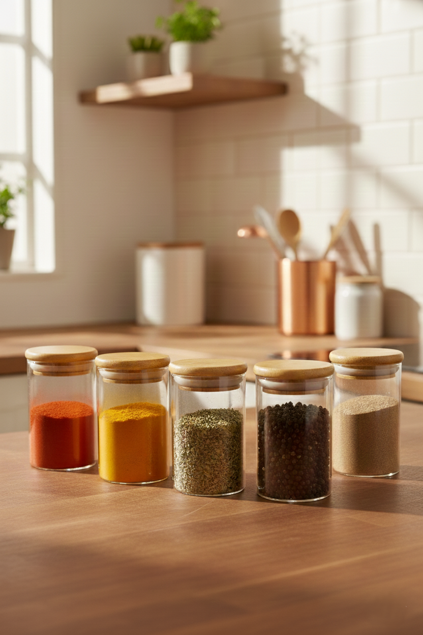 6 Li Bambu Kapaklı Cam Baharatlık Seti 5x8CM KW-374