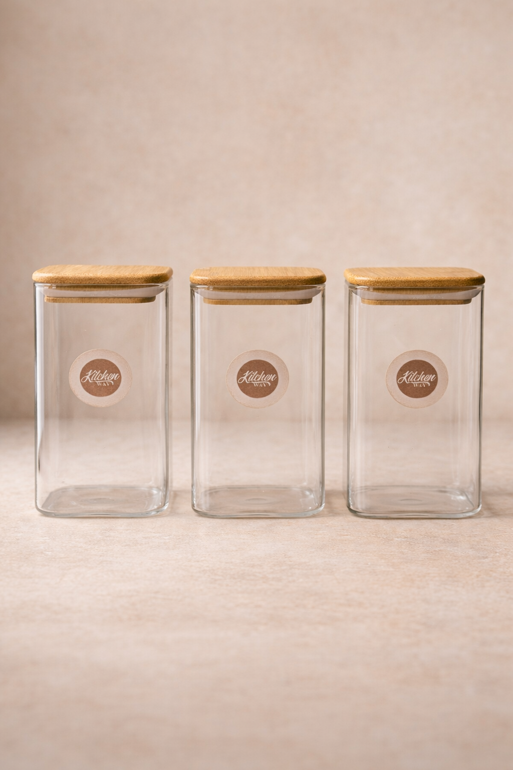 Bambu Kapaklı 3’lü Kare Cam Kavanoz Seti 300ML Gıda Saklama Kavanozu KW-1166