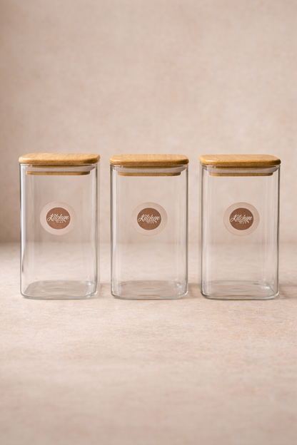 Bambu Kapaklı 3’lü Kare Cam Kavanoz Seti 300ML Gıda Saklama Kavanozu KW-1166