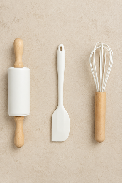 3'lü Silikon Mutfak Seti Spatula Merdane ve Çırpıcı Pasta Hamur Kek Hazırlama Seti KW-3344