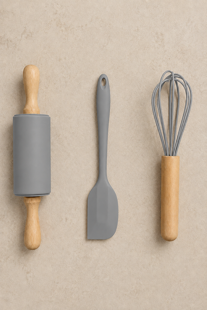 3'lü Silikon Mutfak Seti Spatula Merdane ve Çırpıcı Pasta Hamur Kek Hazırlama Seti KW-3344