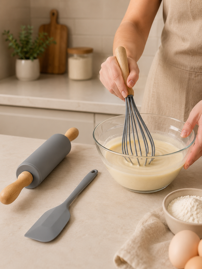3'lü Silikon Mutfak Seti Spatula Merdane ve Çırpıcı Pasta Hamur Kek Hazırlama Seti KW-3344