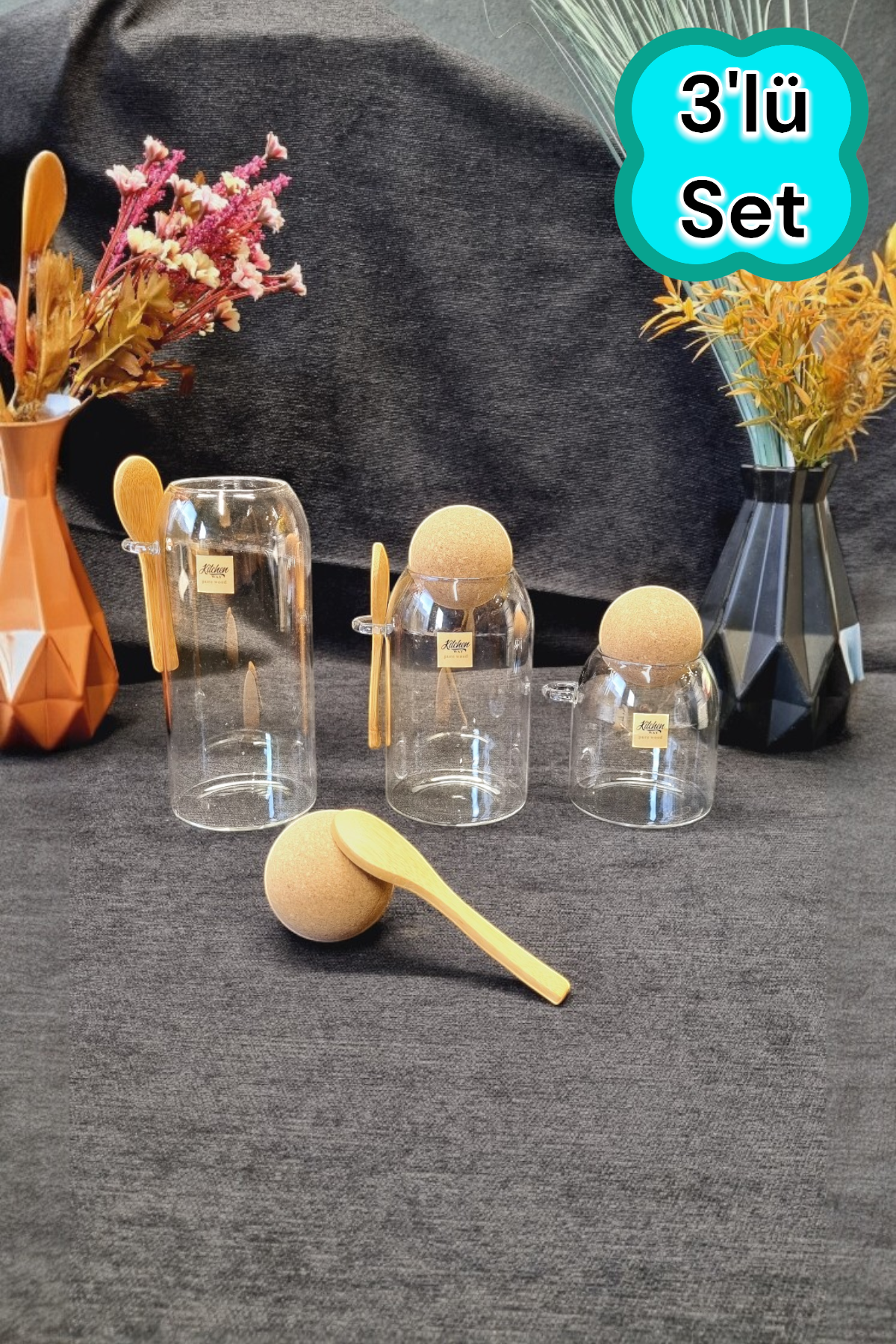 Kitchen Way Mantar Kapaklı Bambu Kaşıklı Borosilikat 3 Lü Set Kavanoz KW-386A-B-C