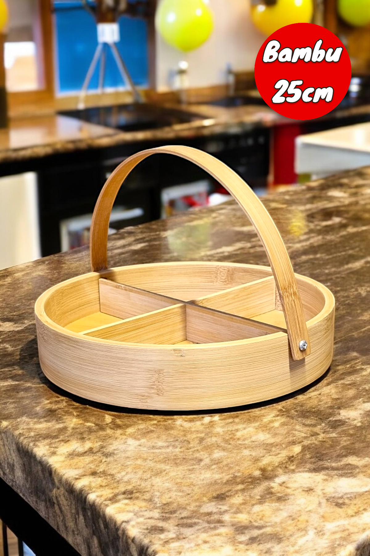 4 Oynar Bölmeli Tutma Saplı Bambu Kahvaltılık Meyvelik Çerezlik KW-175