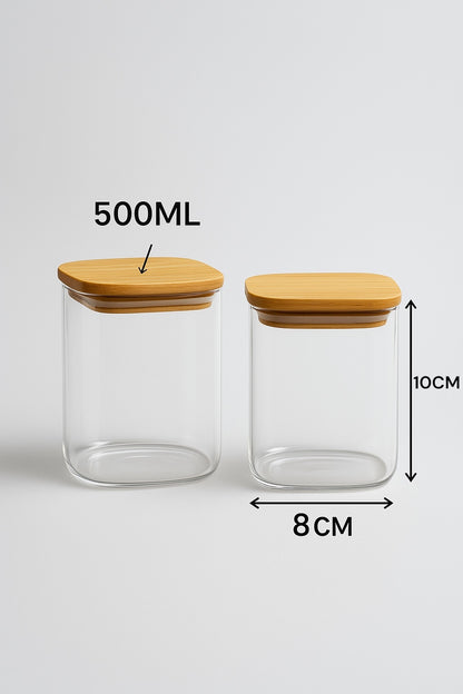 2'li Conta Bambu Kapaklı 500ML Cam Kavanoz Saklama Kavanozu KW-1163