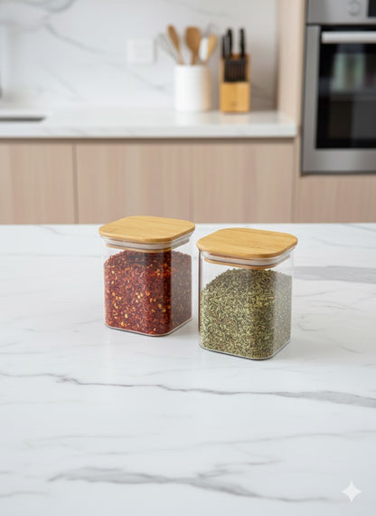 2'li Conta Bambu Kapaklı 500ML Cam Kavanoz Saklama Kavanozu KW-1163